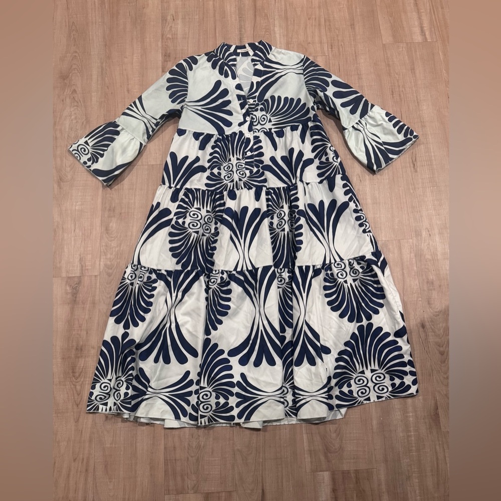 SundayUp Blue White Mediterranean Print Tiered Midi Dress Boho Resort Size S